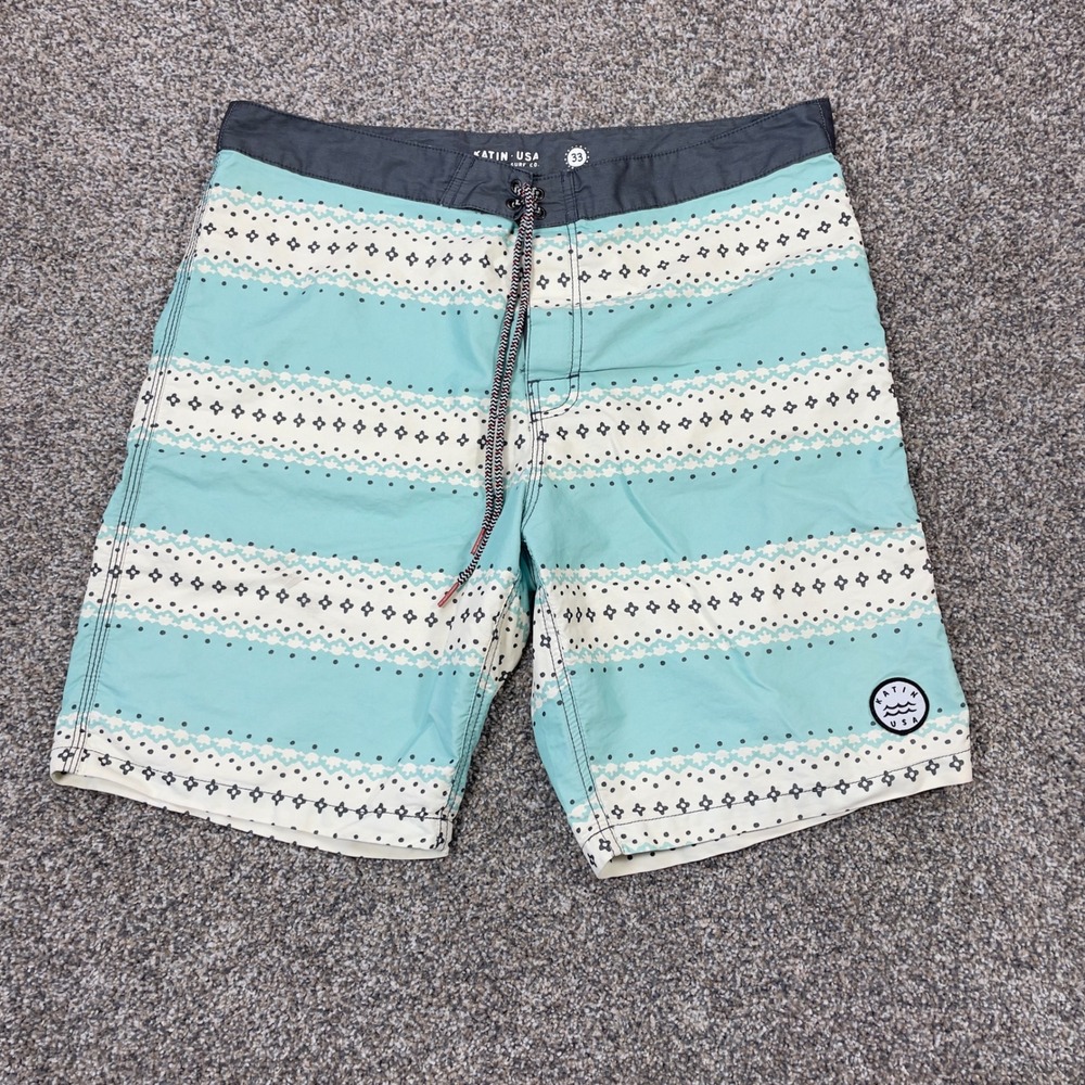 Katin USA Mens Board Shorts Size 33 Aqua Blue Geometric Stripe Surf Trunks Beach